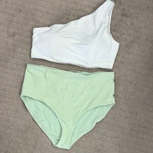 CALIA One-Shoulder Bikini Set in White and Light Green